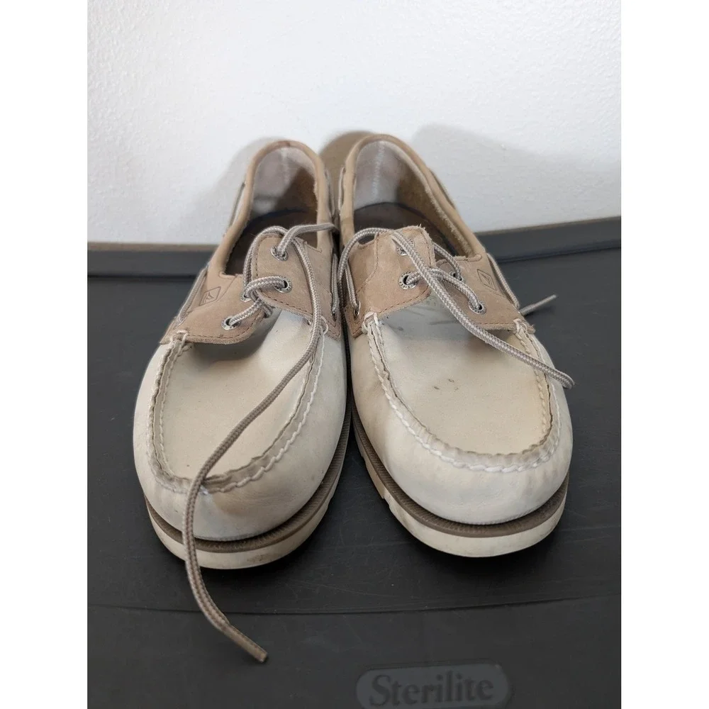 Sperry Top-Sider Mens 11.5 Boat Shoes Beige Cream Leather Deck Shoes Moc Toe